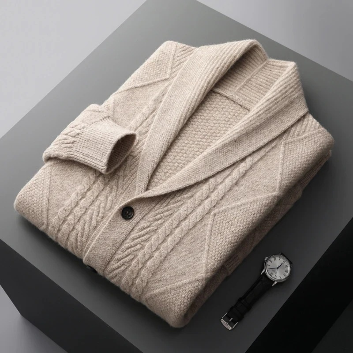 Men’s Wool Blend Shawl Collar Cardigan Cable Knit Button Up Sweater