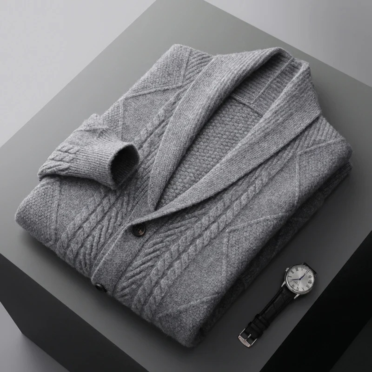 Men’s Wool Blend Shawl Collar Cardigan Cable Knit Button Up Sweater
