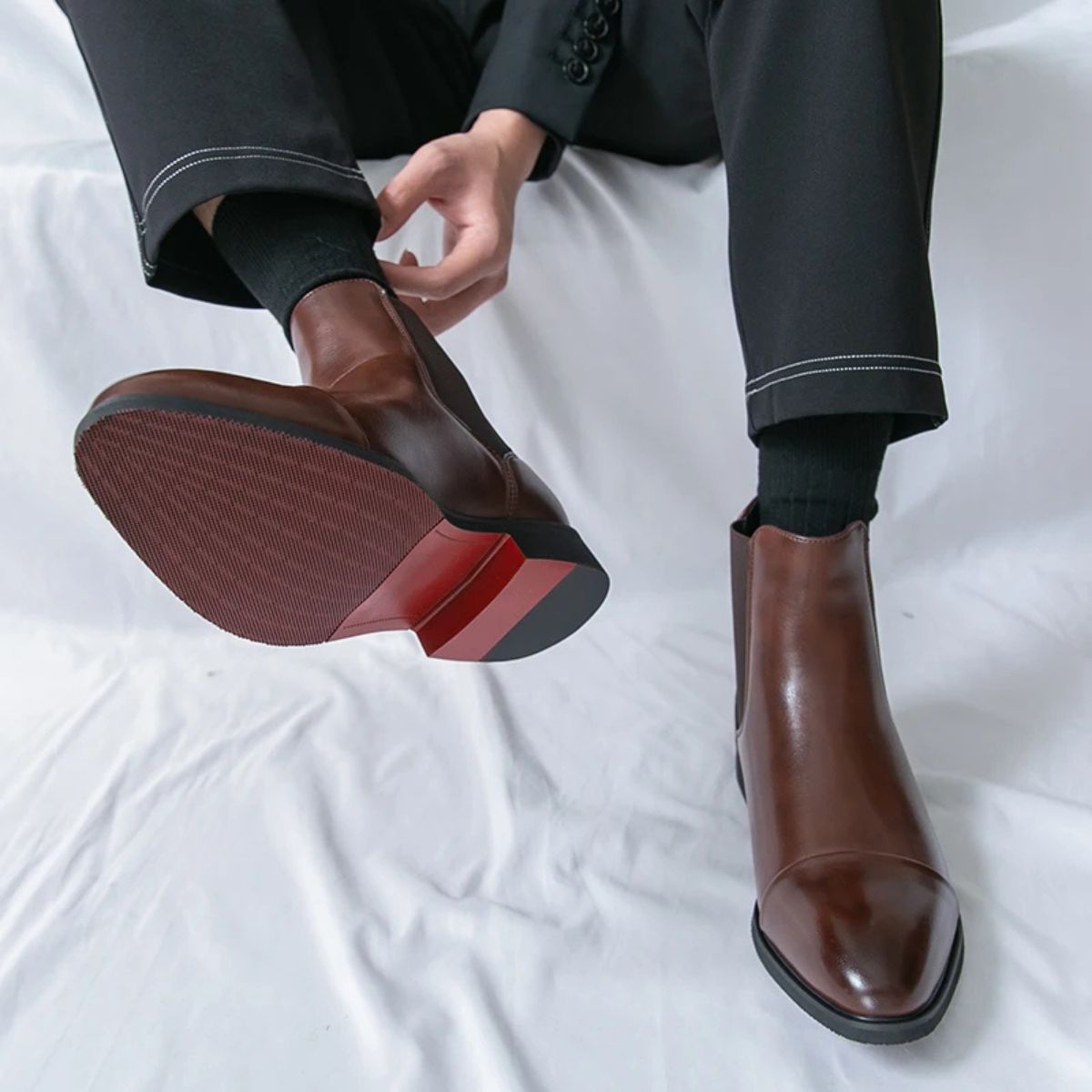Men’s Black Leather Chelsea Boots Premium Red Sole Accent Design