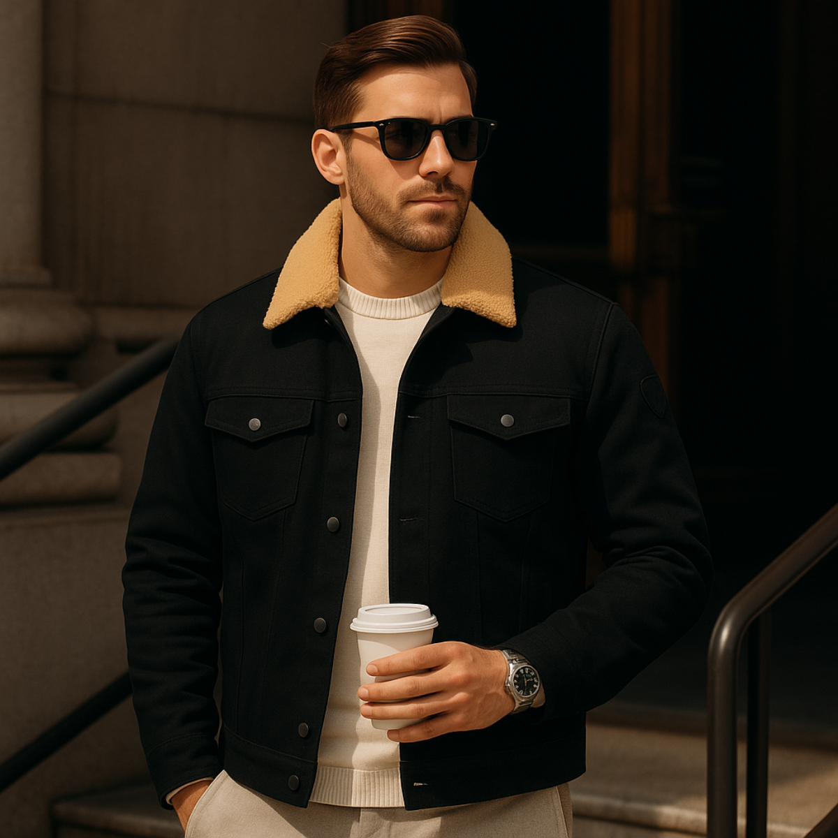 Men’s Sherpa Lined Jacket Winter Warm Fleece Denim Style Coat