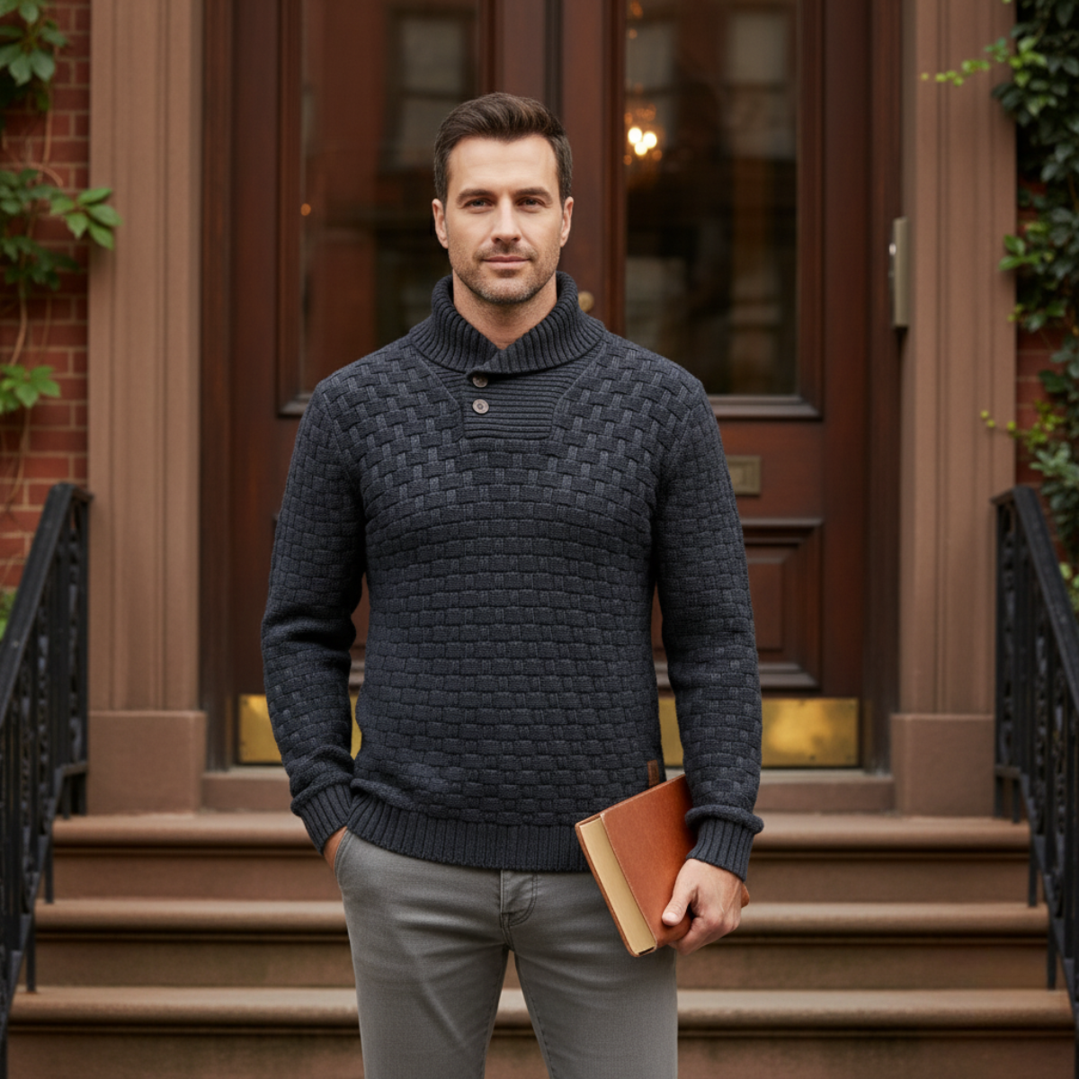 Men’s Thick Winter Knit Jumper Button Neck High Collar Sweater