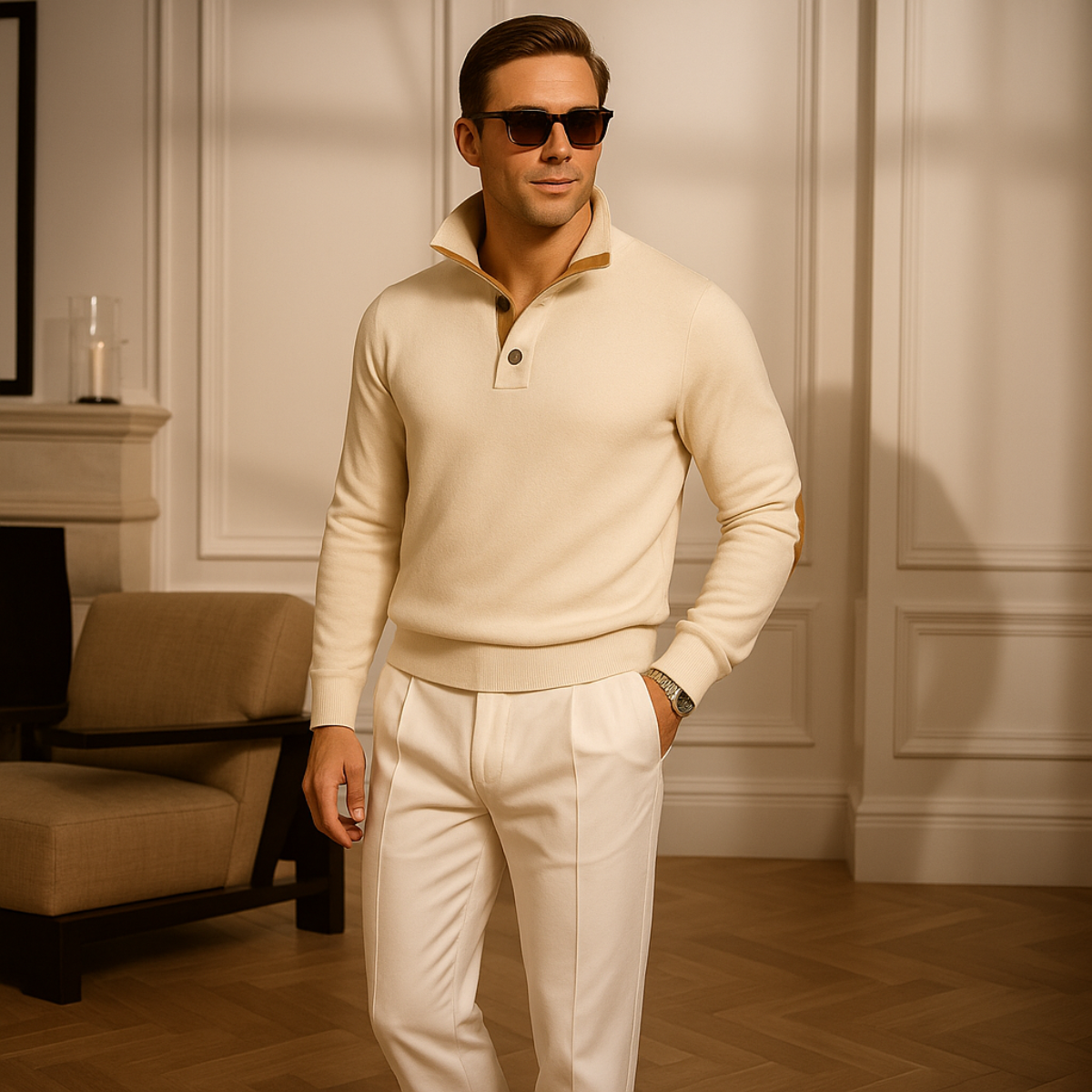 Men’s Wool Blend Half Button Mock Neck Jumper Winter Knitted Sweater