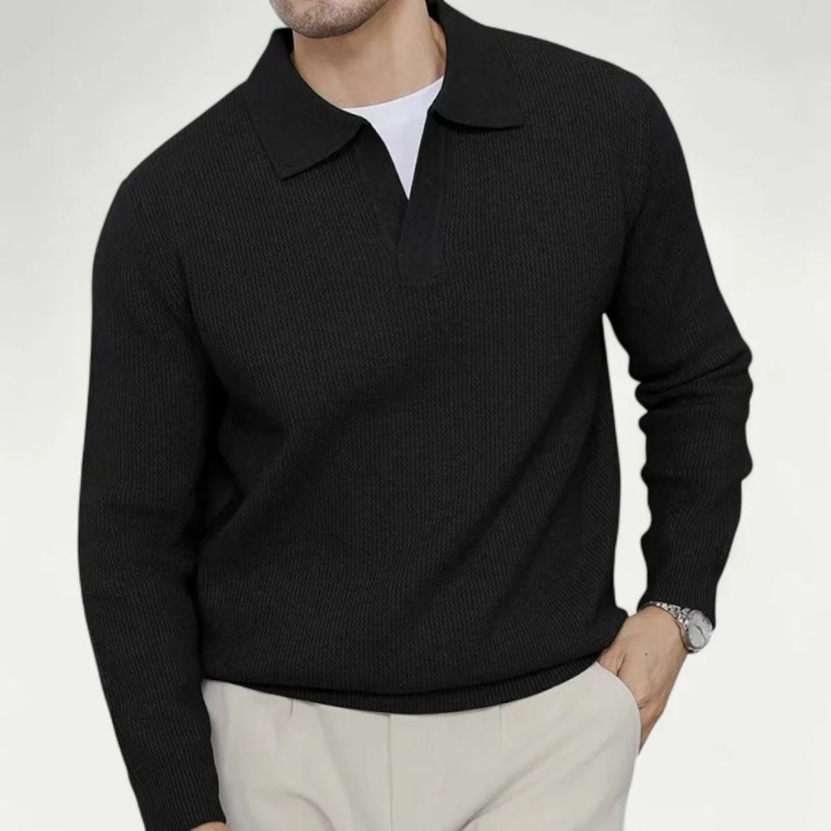Men’s Light Grey Knitted Polo Jumper Open Collar Sweater