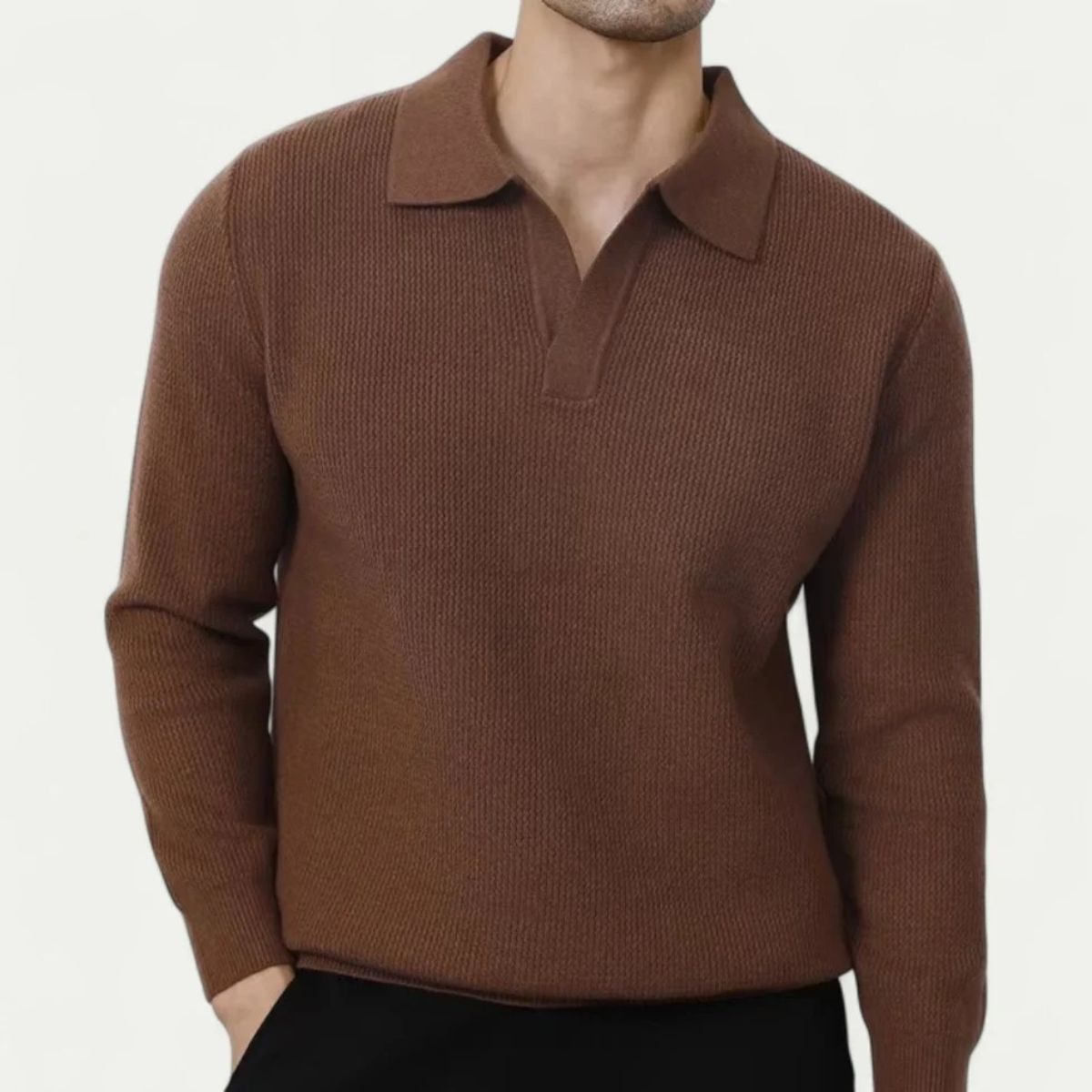 Men’s Light Grey Knitted Polo Jumper Open Collar Sweater
