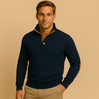Men’s Wool Blend Half Button Mock Neck Jumper Winter Knitted Sweater