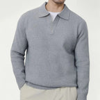 Men’s Light Grey Knitted Polo Jumper Open Collar Sweater