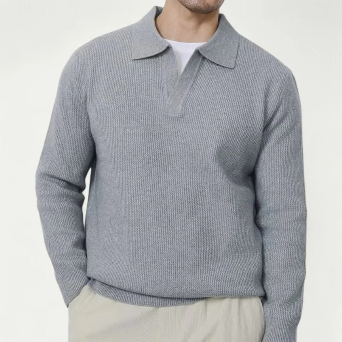 Men’s Light Grey Knitted Polo Jumper Open Collar Sweater