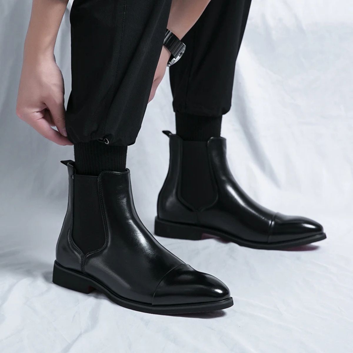 Men’s Black Leather Chelsea Boots Premium Red Sole Accent Design