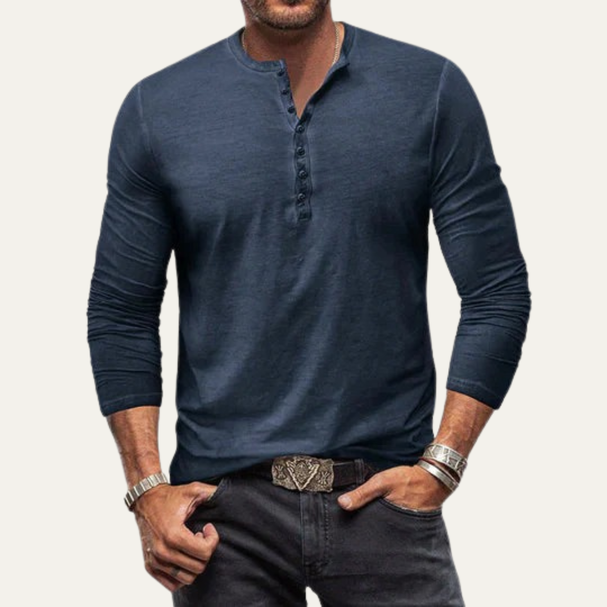 Men’s Long Sleeve Base Layer Shirt Classic Cotton Henley Design