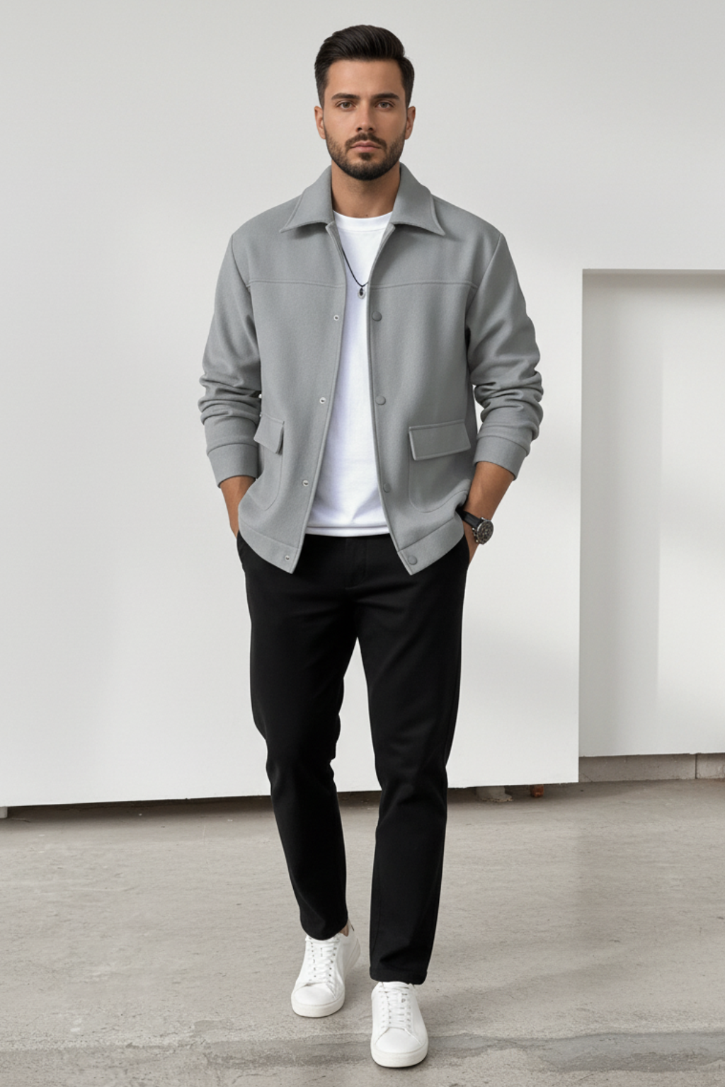 Men’s Grey Winter Soft Knit Button-Up Overshirt Jacket