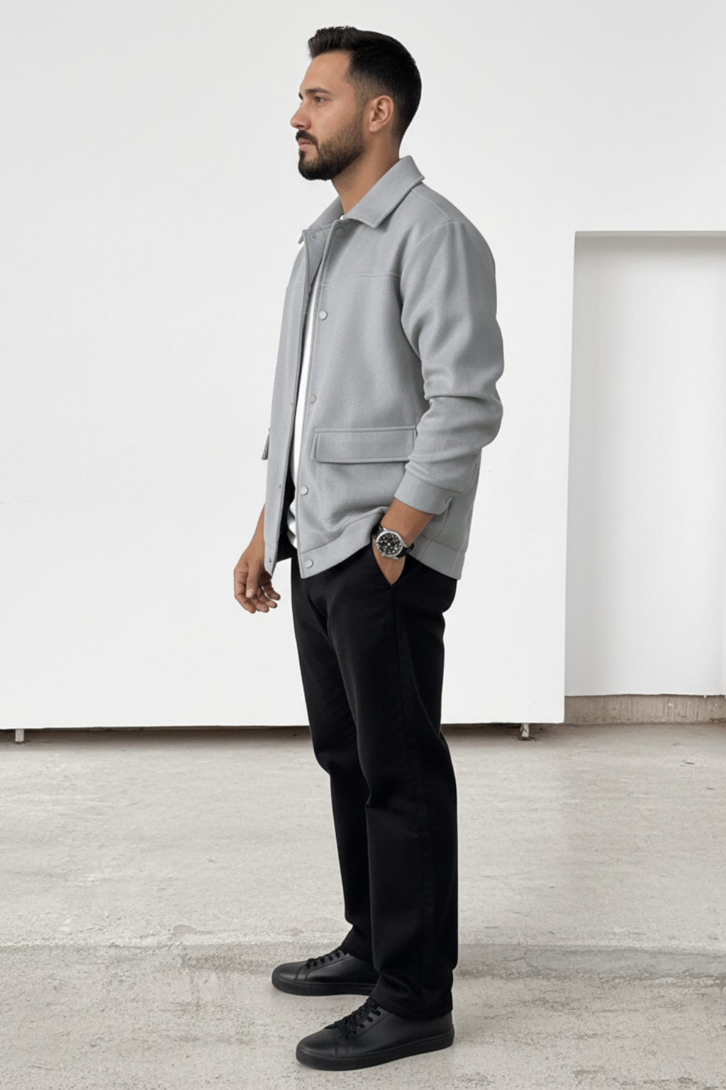 Men’s Grey Winter Soft Knit Button-Up Overshirt Jacket
