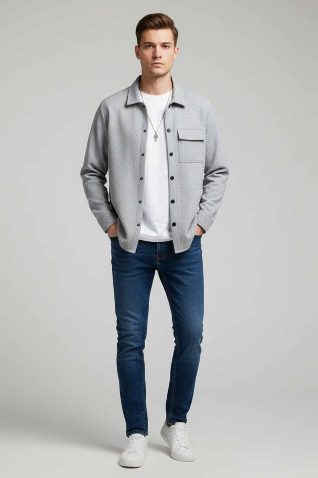Men’s Winter Textured Button-Up Overshirt Jacket Shacket Style