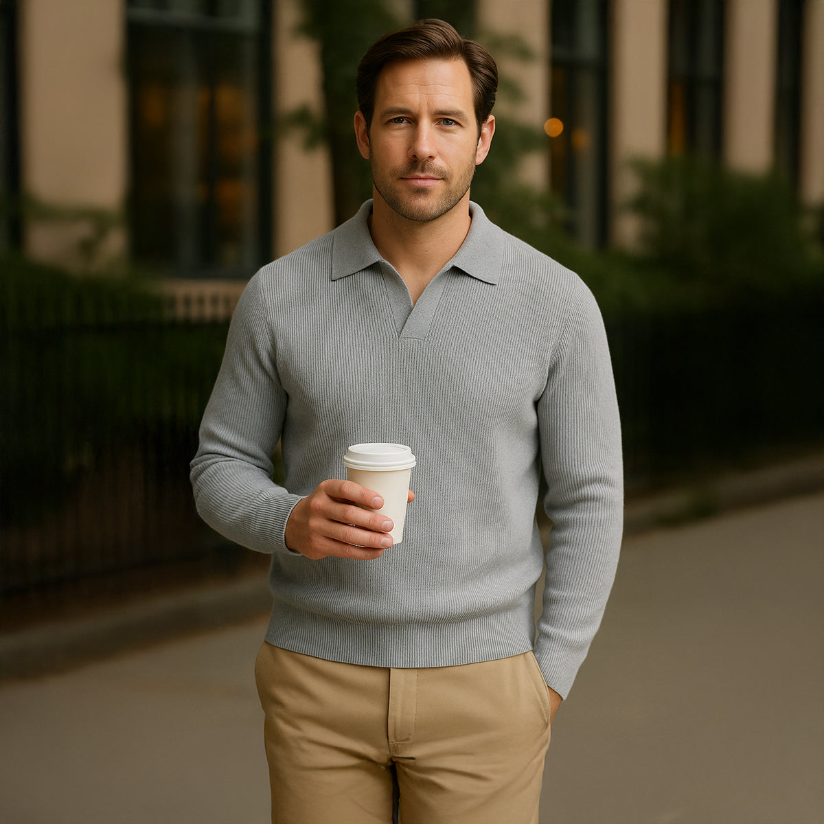 Men’s Light Grey Knitted Polo Jumper Open Collar Sweater