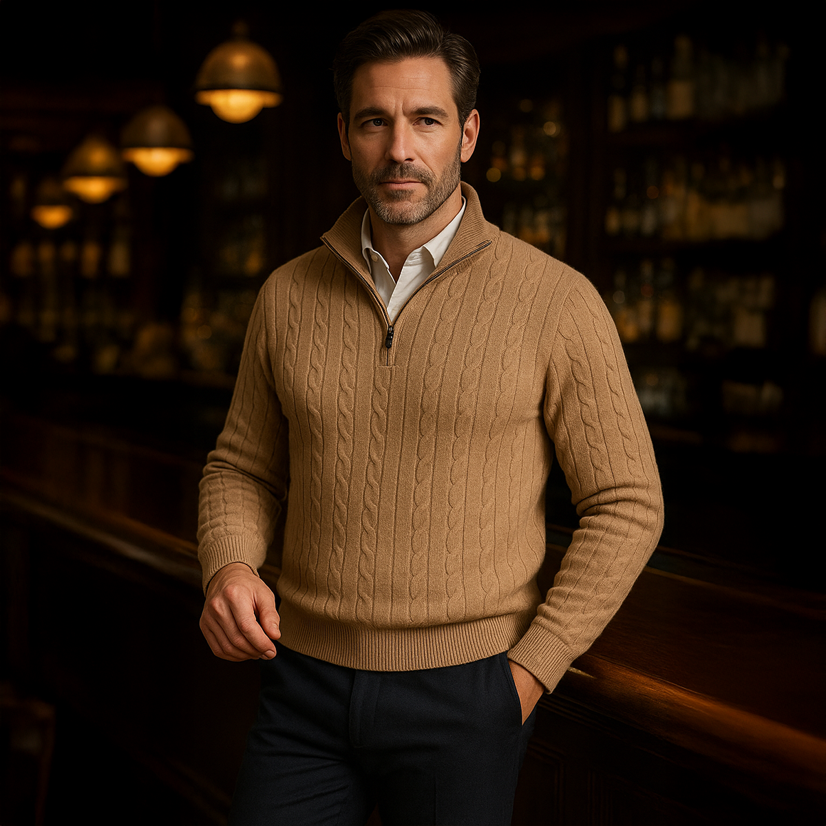 Men’s Cable Knit Quarter Zip Jumper Old Money Winter Sweater