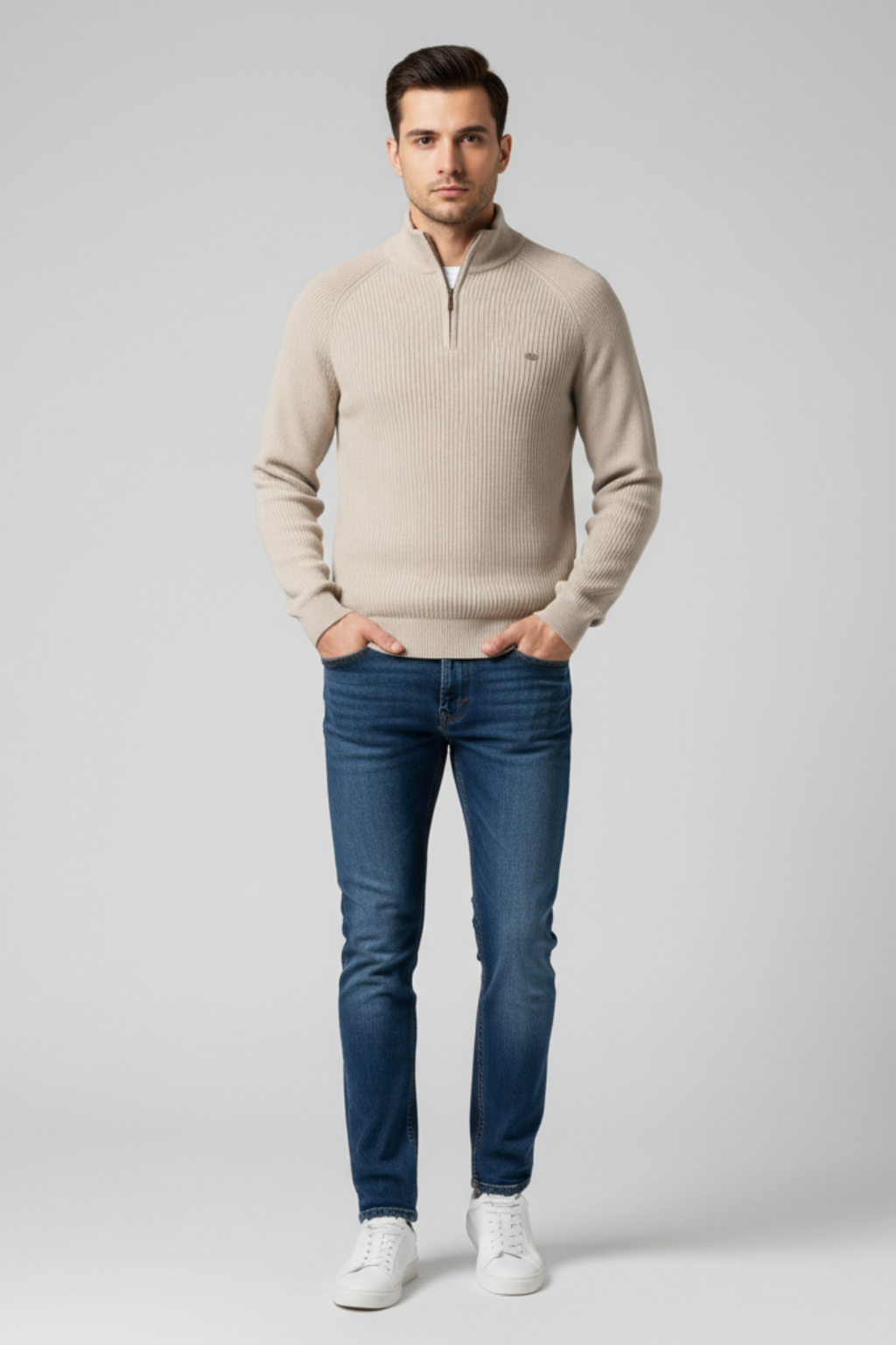 Men’s Half Zip Ribbed Jumper Winter Knitted Mock Neck Pullover
