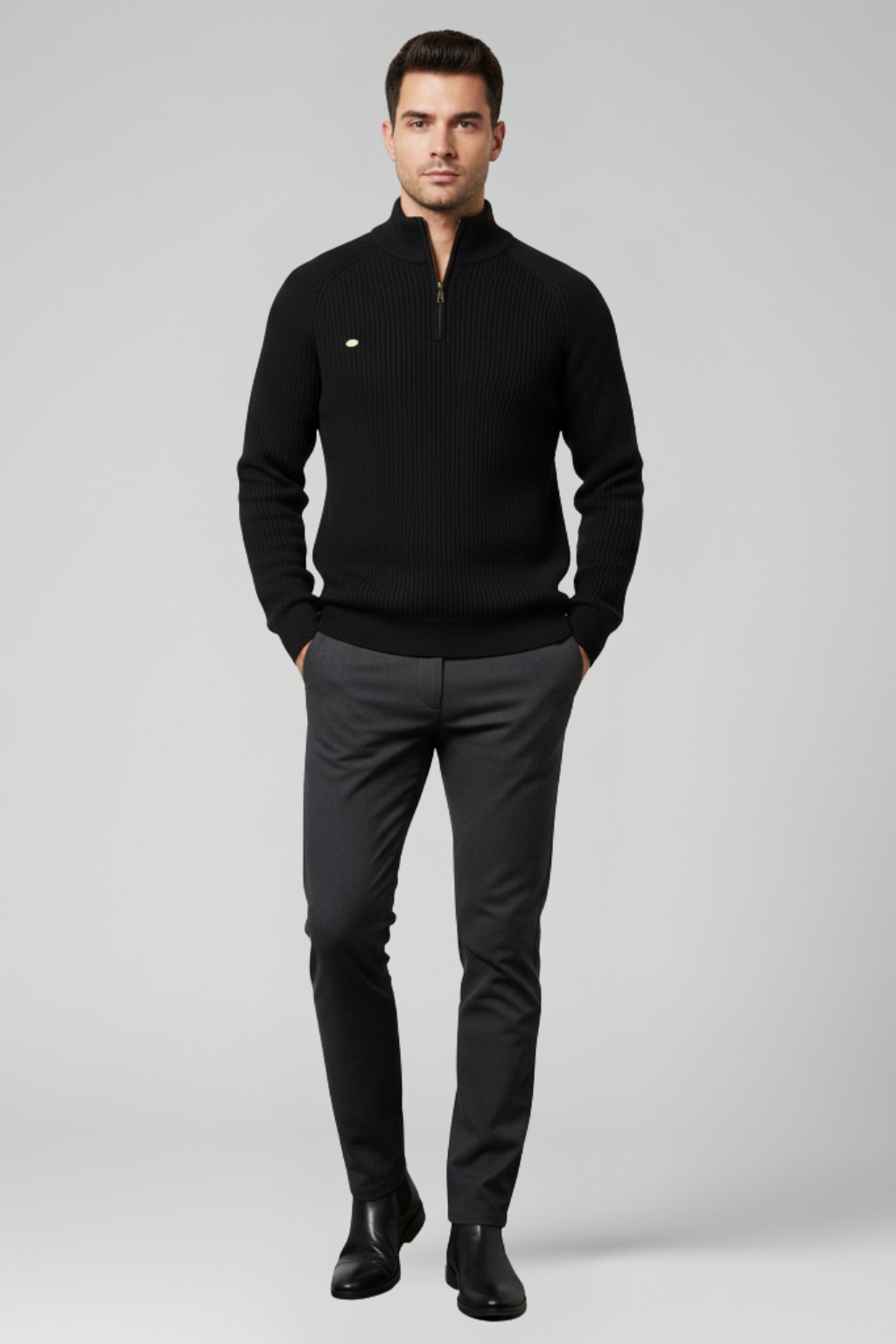 Men’s Half Zip Ribbed Jumper Winter Knitted Mock Neck Pullover