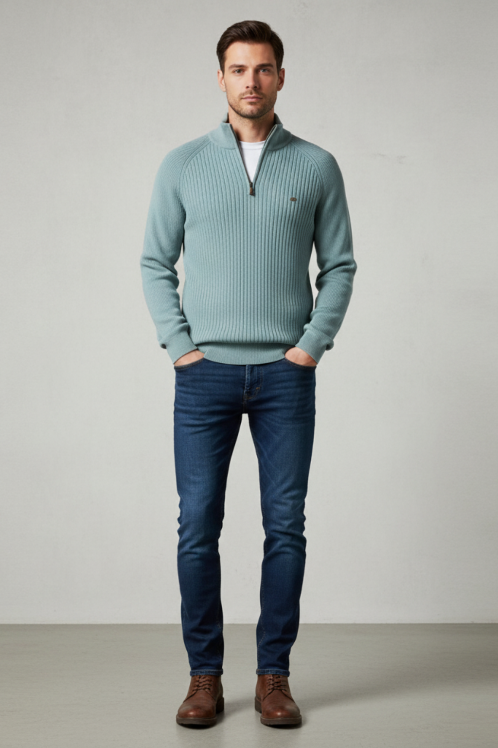 Men’s Half Zip Ribbed Jumper Winter Knitted Mock Neck Pullover