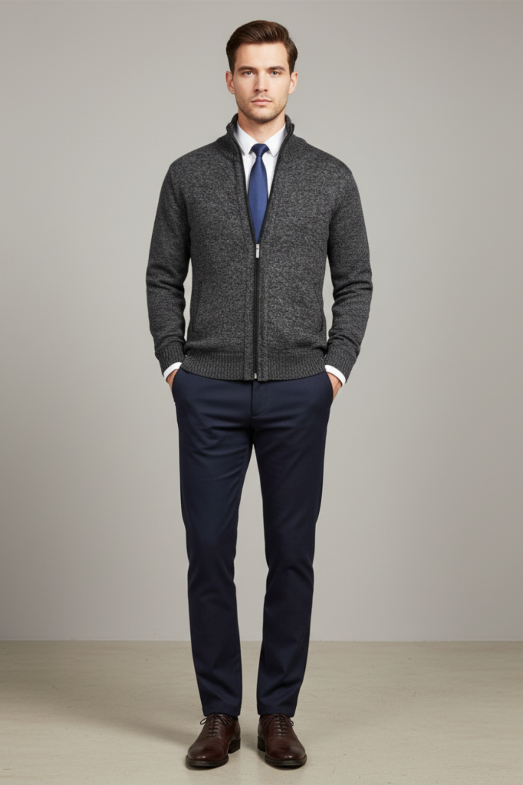 Men's Winter Knitted Zip Up Cardigan Smart Full Zip Jumper