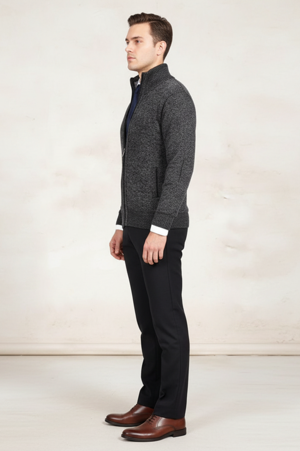 Men's Winter Knitted Zip Up Cardigan Smart Full Zip Jumper