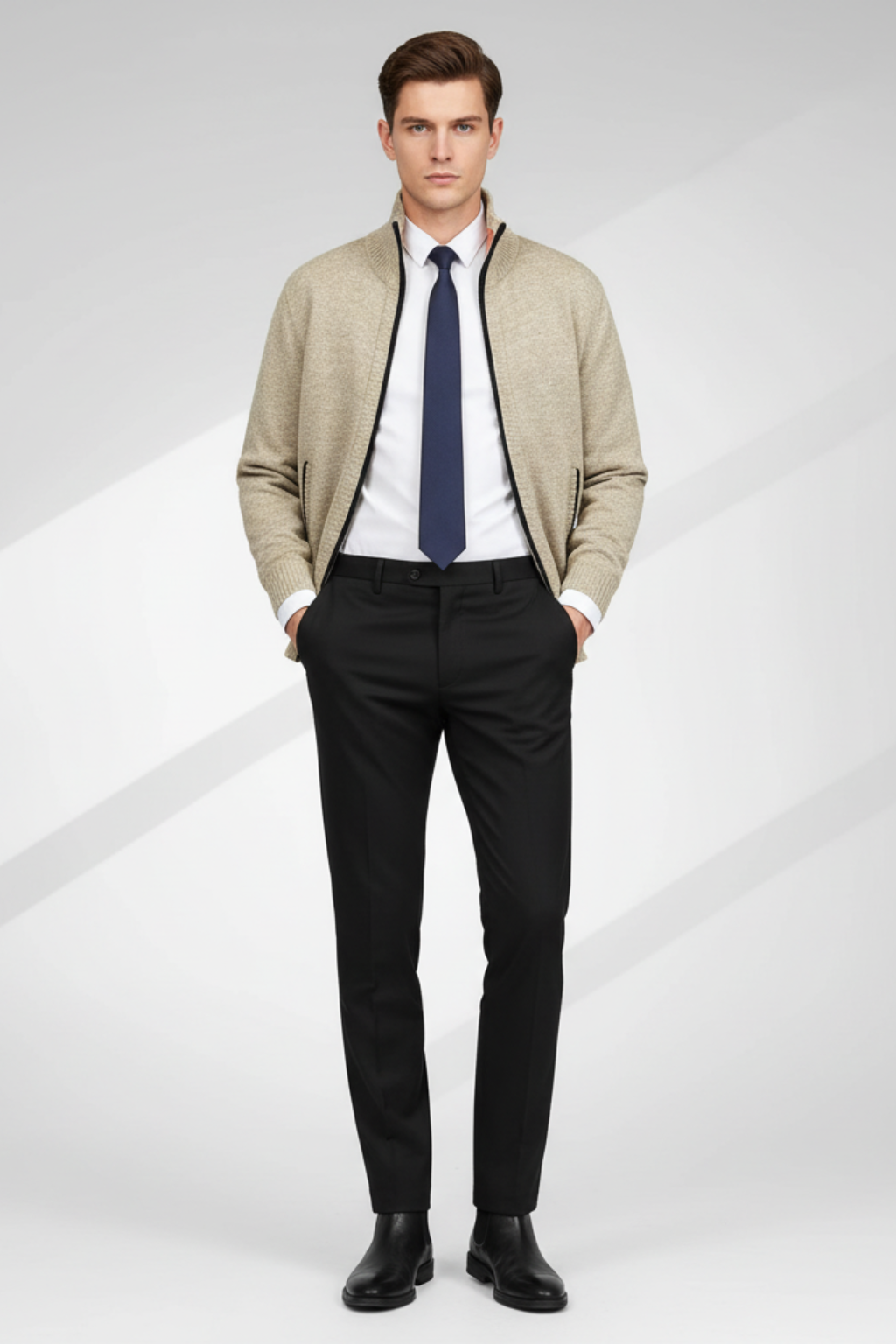 Men's Winter Knitted Zip Up Cardigan Smart Full Zip Jumper