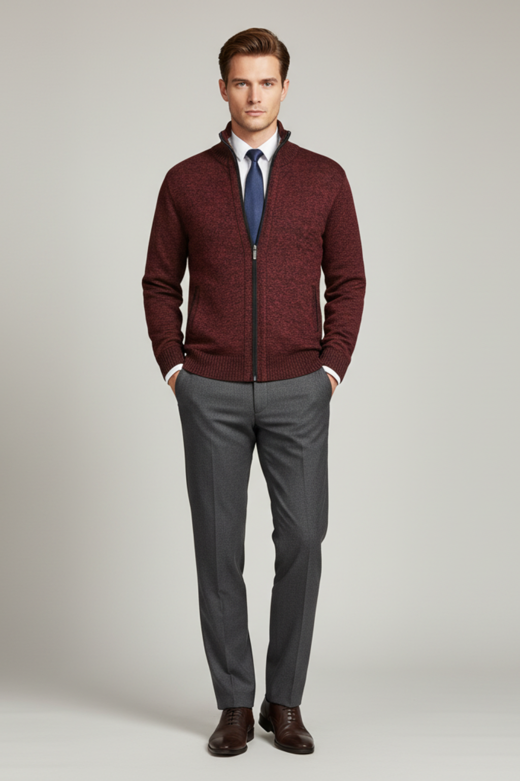 Men's Winter Knitted Zip Up Cardigan Smart Full Zip Jumper