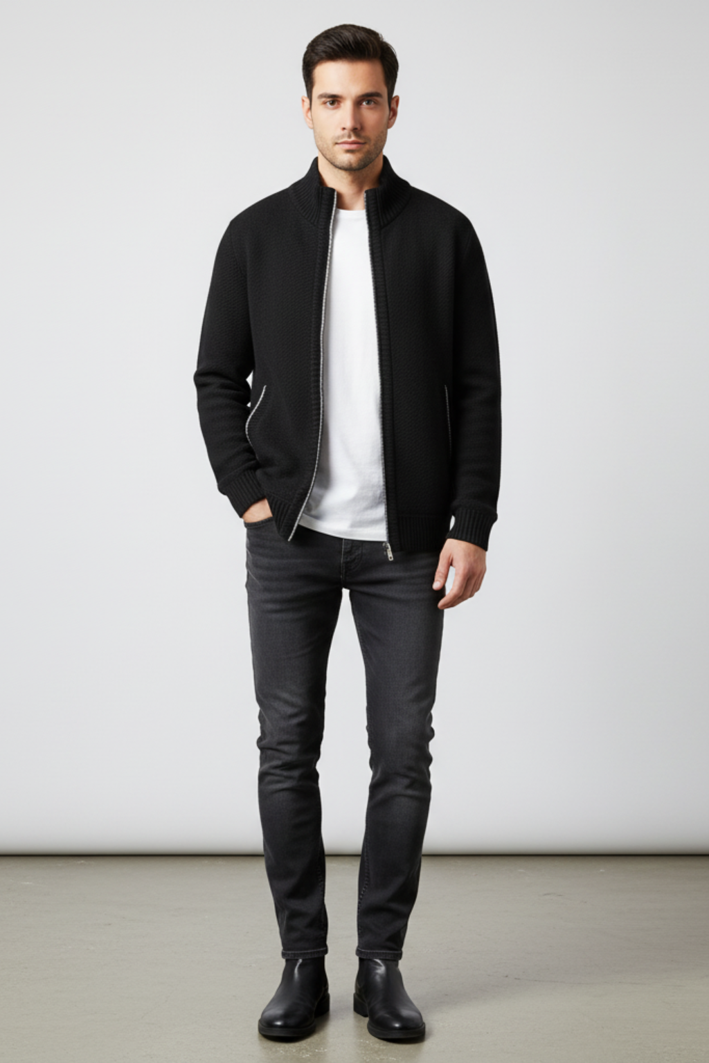 Men's Winter Knitted Zip Up Cardigan Smart Full Zip Jumper