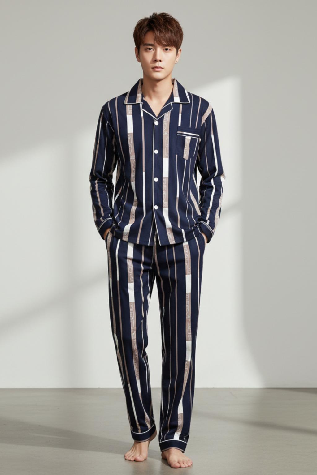 Men’s Striped Pyjama Set Long Sleeve Button Up Sleepwear Loungewear