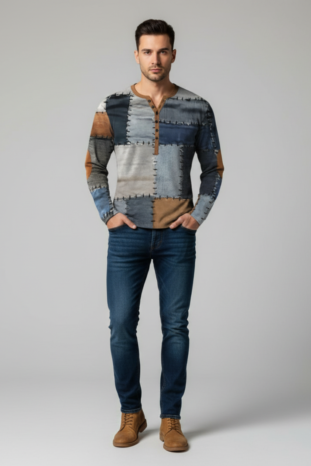 Men’s Casual Long Sleeve Henley Shirt Patchwork Style Top
