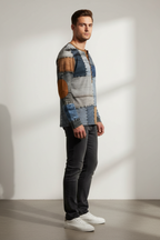 Men’s Casual Long Sleeve Henley Shirt Patchwork Style Top