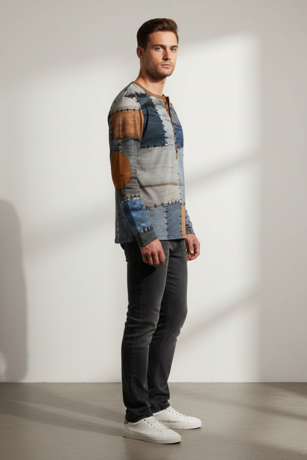 Men’s Casual Long Sleeve Henley Shirt Patchwork Style Top