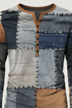 Men’s Casual Long Sleeve Henley Shirt Patchwork Style Top
