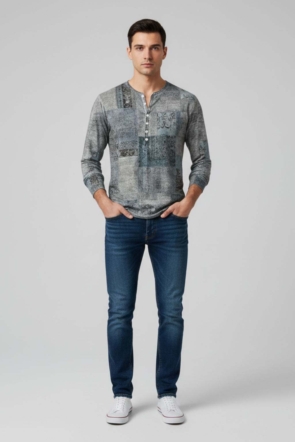 Men’s Casual Long Sleeve Henley Shirt Patchwork Style Top