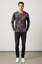 Men’s Casual Long Sleeve Henley Shirt Patchwork Style Top