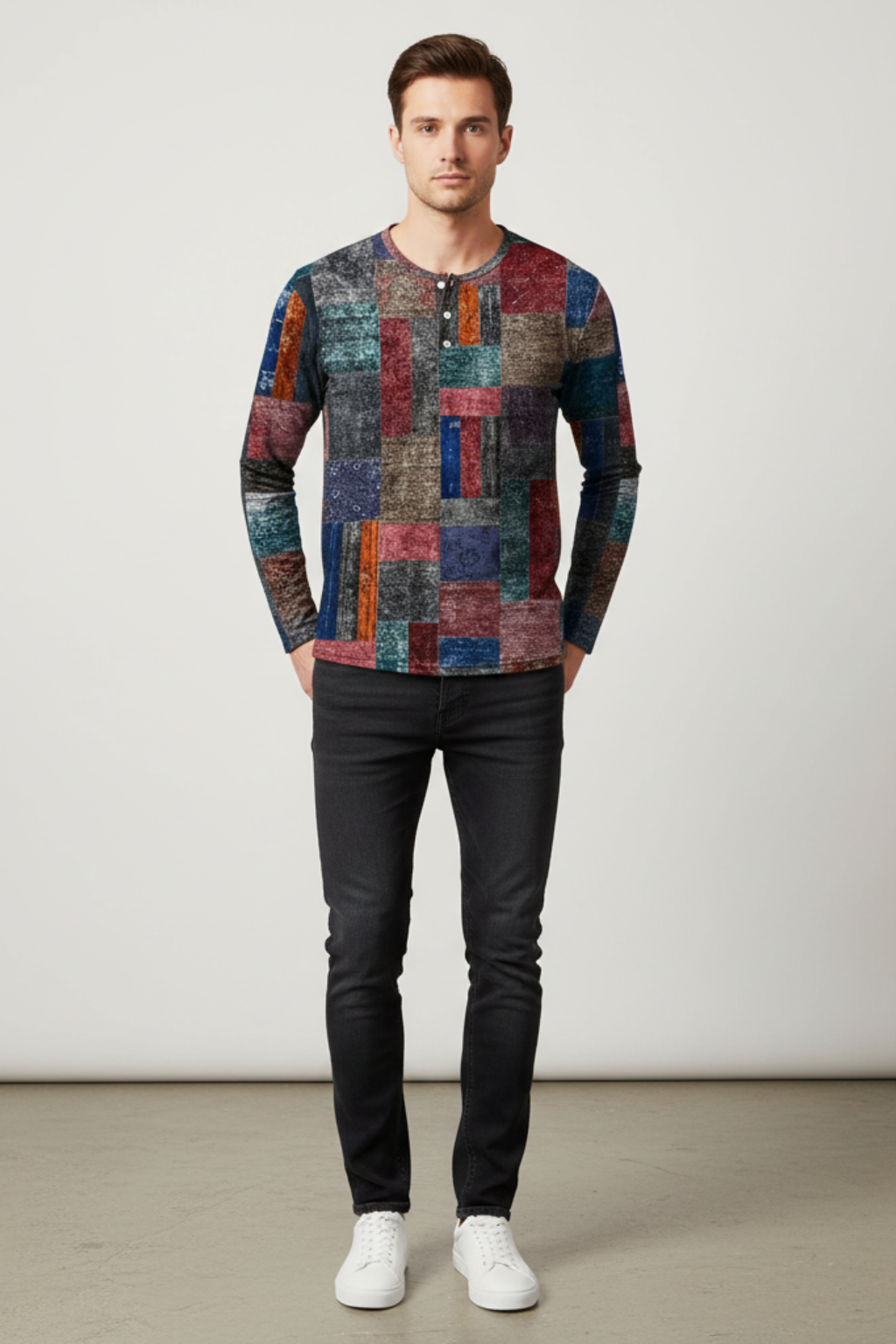 Men’s Casual Long Sleeve Henley Shirt Patchwork Style Top