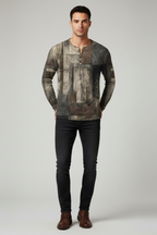 Men’s Casual Long Sleeve Henley Shirt Patchwork Style Top