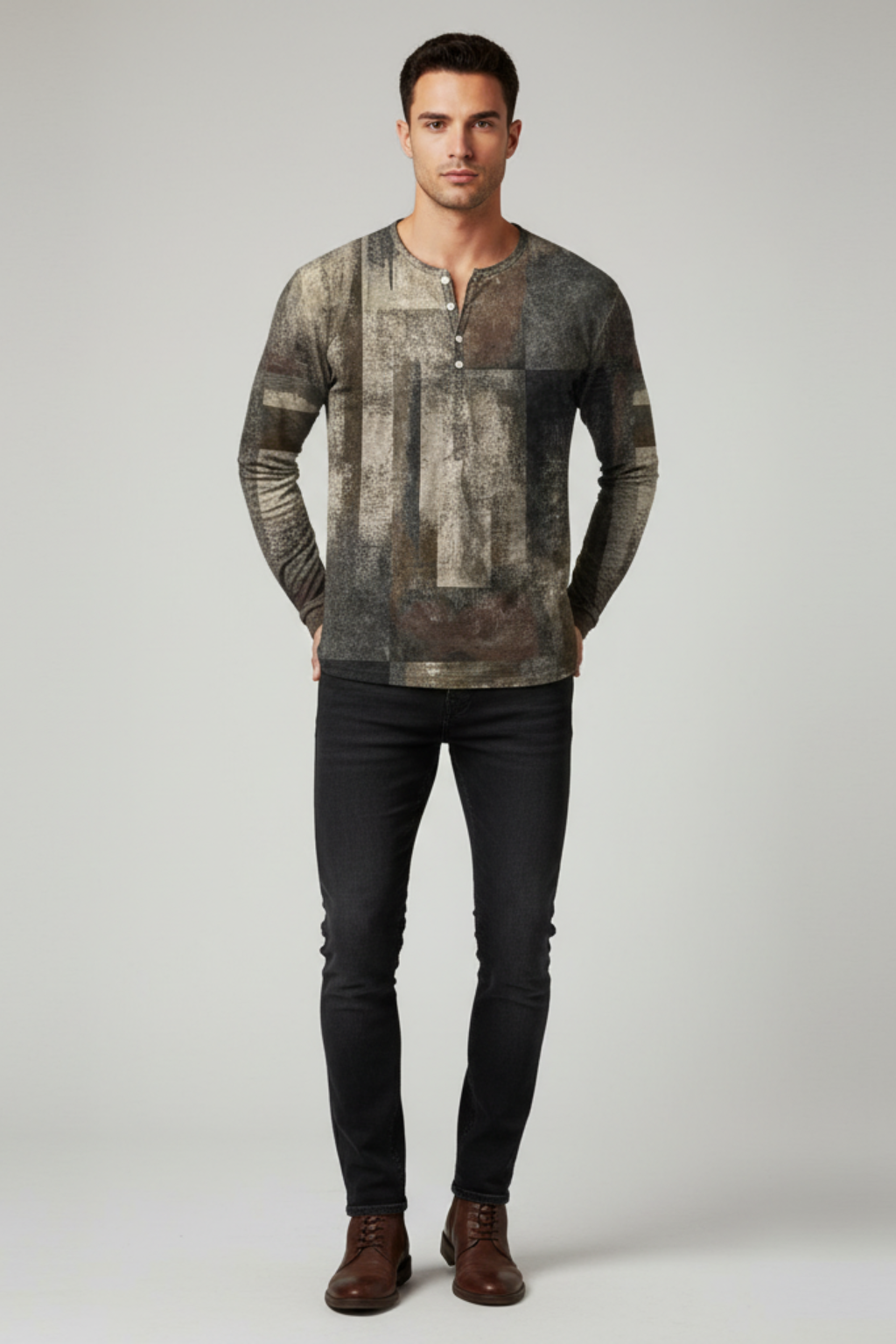 Men’s Casual Long Sleeve Henley Shirt Patchwork Style Top