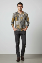 Men’s Casual Long Sleeve Henley Shirt Patchwork Style Top