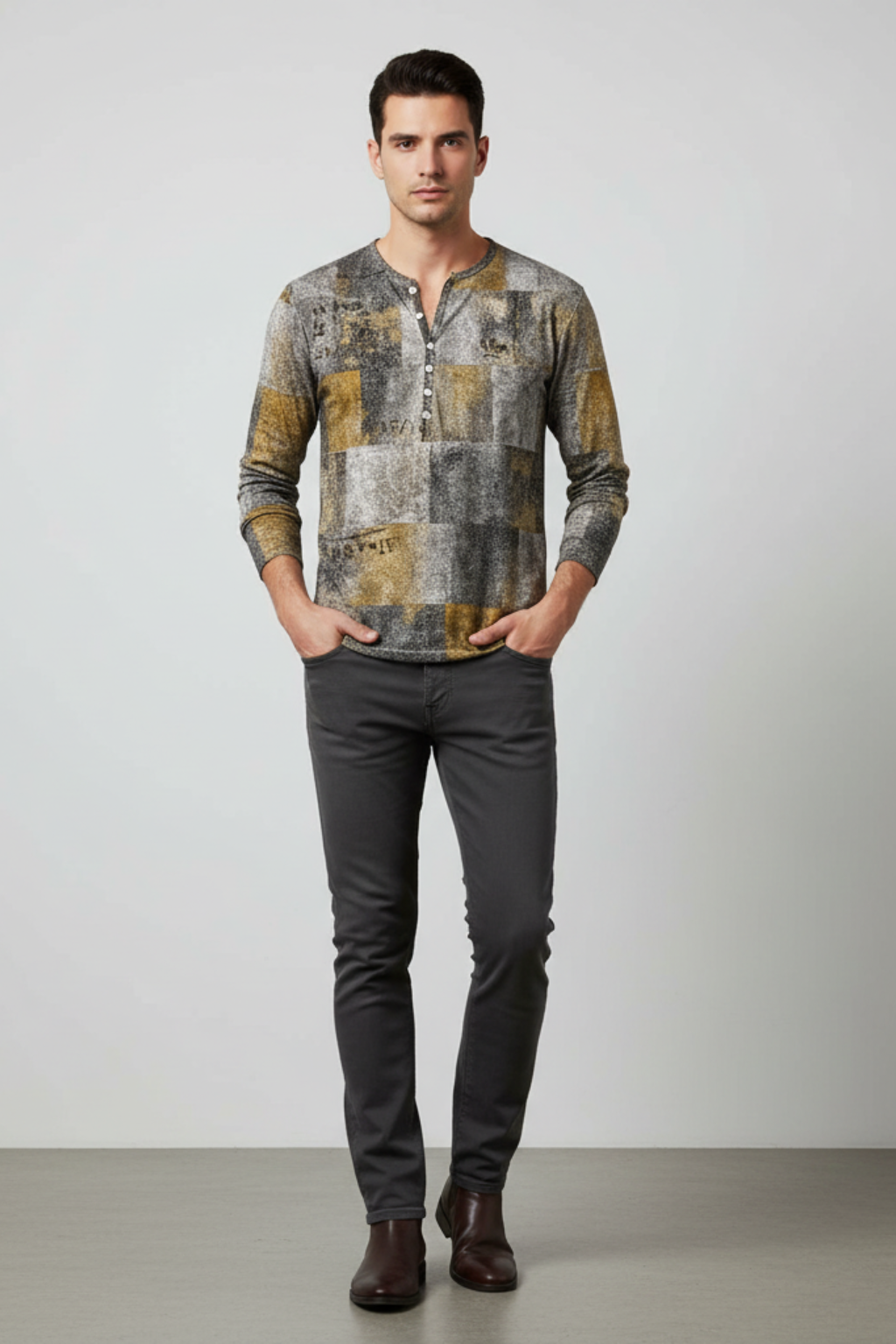 Men’s Casual Long Sleeve Henley Shirt Patchwork Style Top
