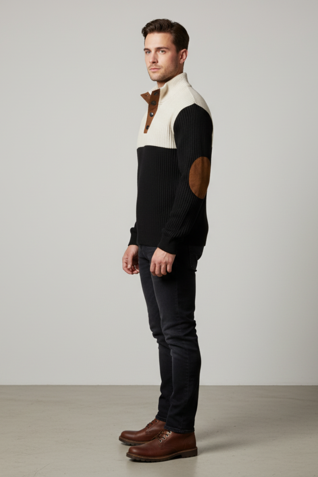 Men’s Winter Knitted Jumper Button Neck Chunky Knit Pullover