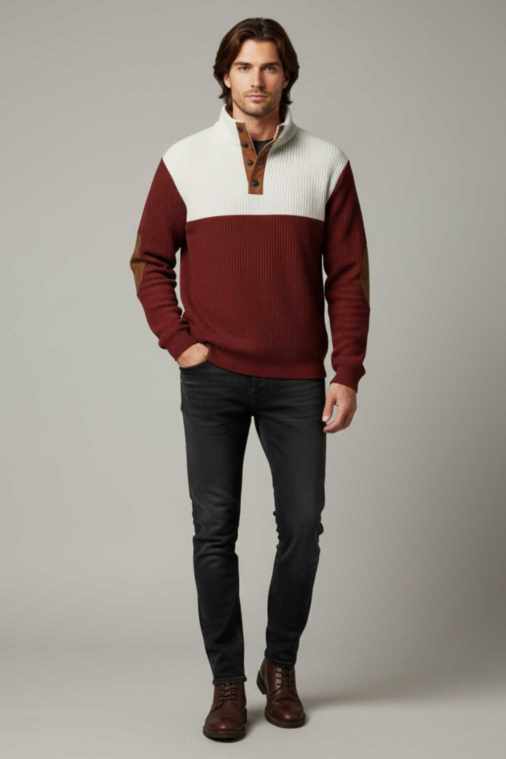 Men’s Winter Knitted Jumper Button Neck Chunky Knit Pullover