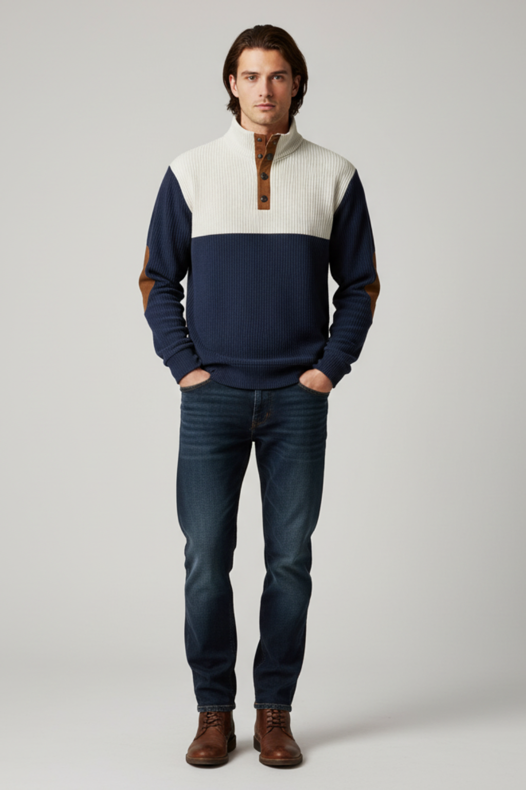 Men’s Winter Knitted Jumper Button Neck Chunky Knit Pullover