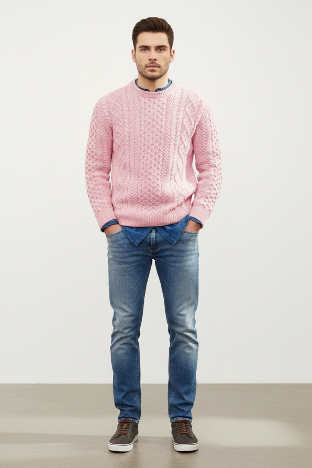 Men’s Cable Knit Crew Neck Jumper Winter Textured Sweater