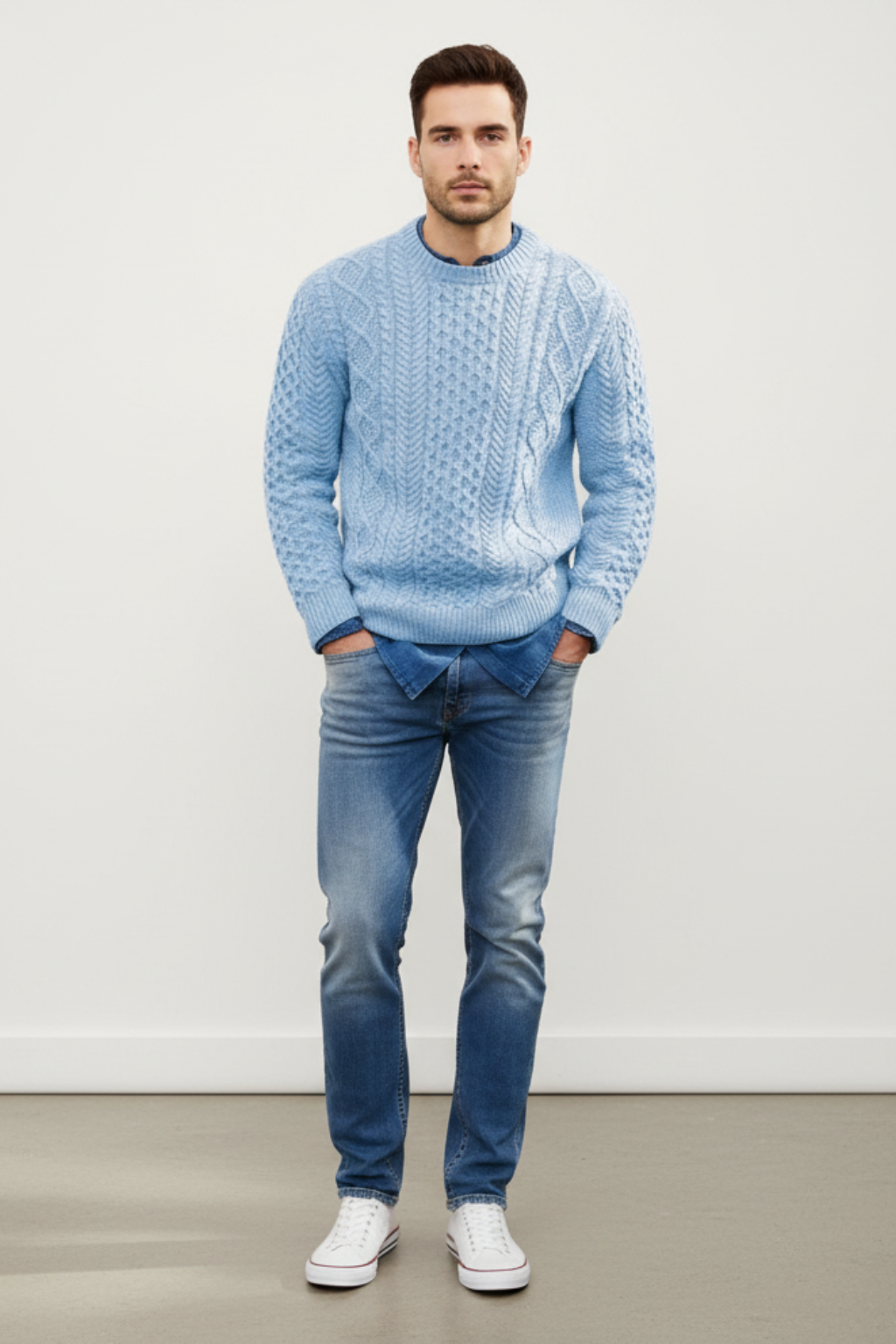 Men’s Cable Knit Crew Neck Jumper Winter Textured Sweater
