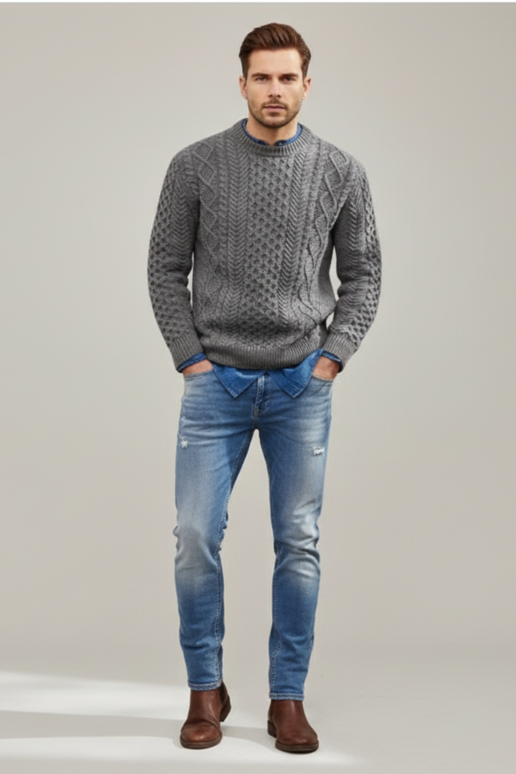Men’s Cable Knit Crew Neck Jumper Winter Textured Sweater