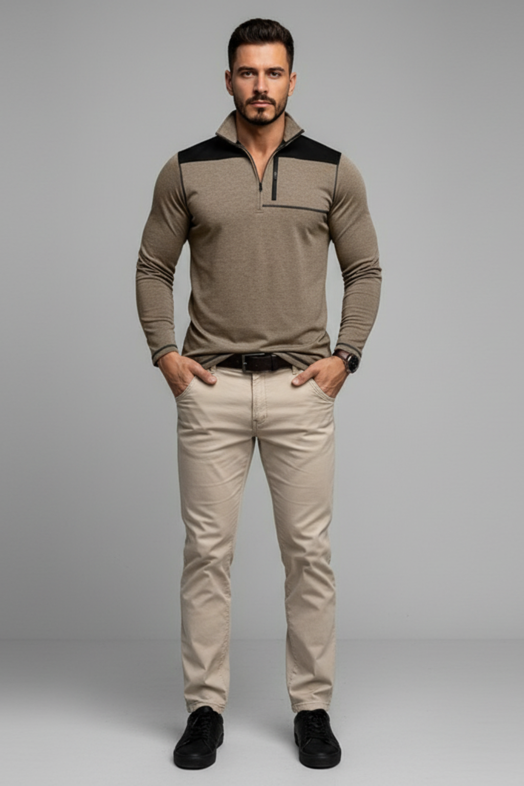 Men’s Quarter Zip Contrast Panel Long Sleeve Top