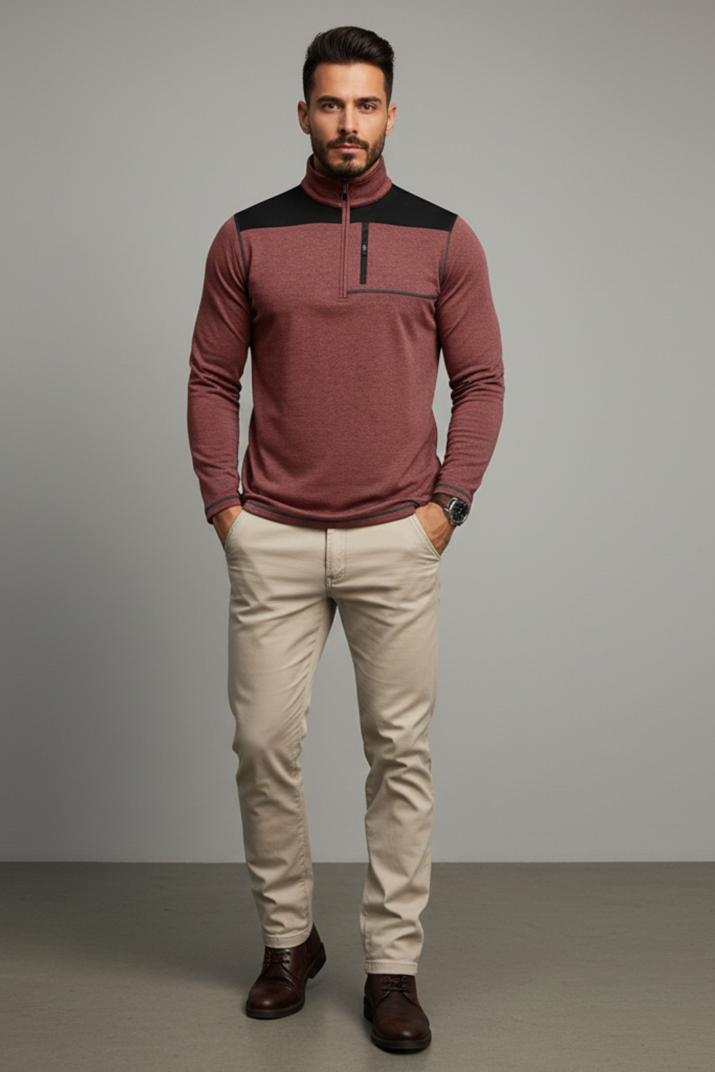Men’s Quarter Zip Contrast Panel Long Sleeve Top