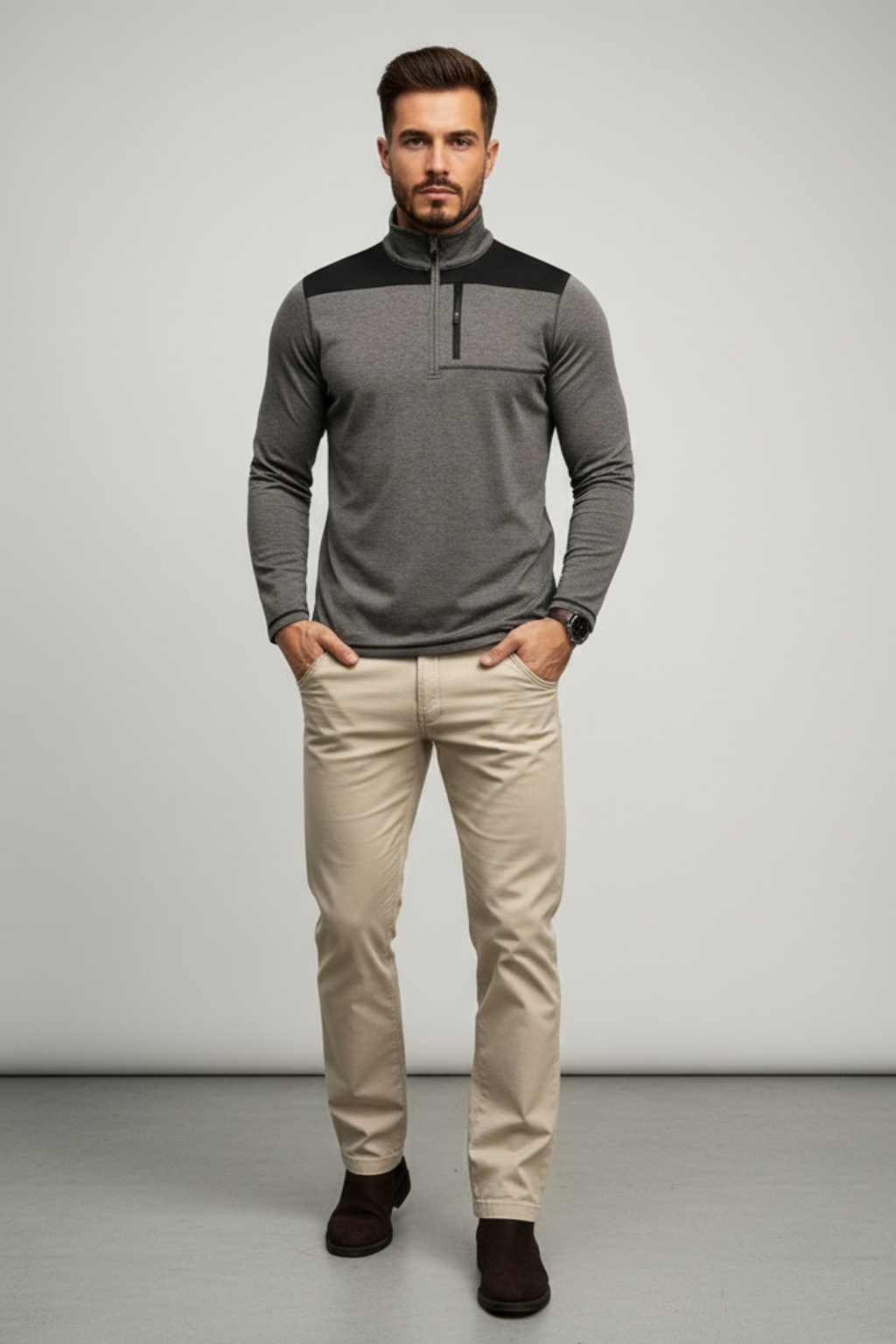 Men’s Quarter Zip Contrast Panel Long Sleeve Top