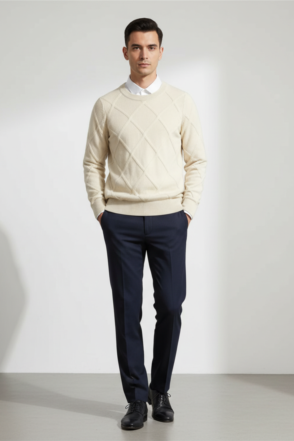 Men’s Wool Blend Diamond Knit Crew Neck Jumper Smart Knitted Sweater
