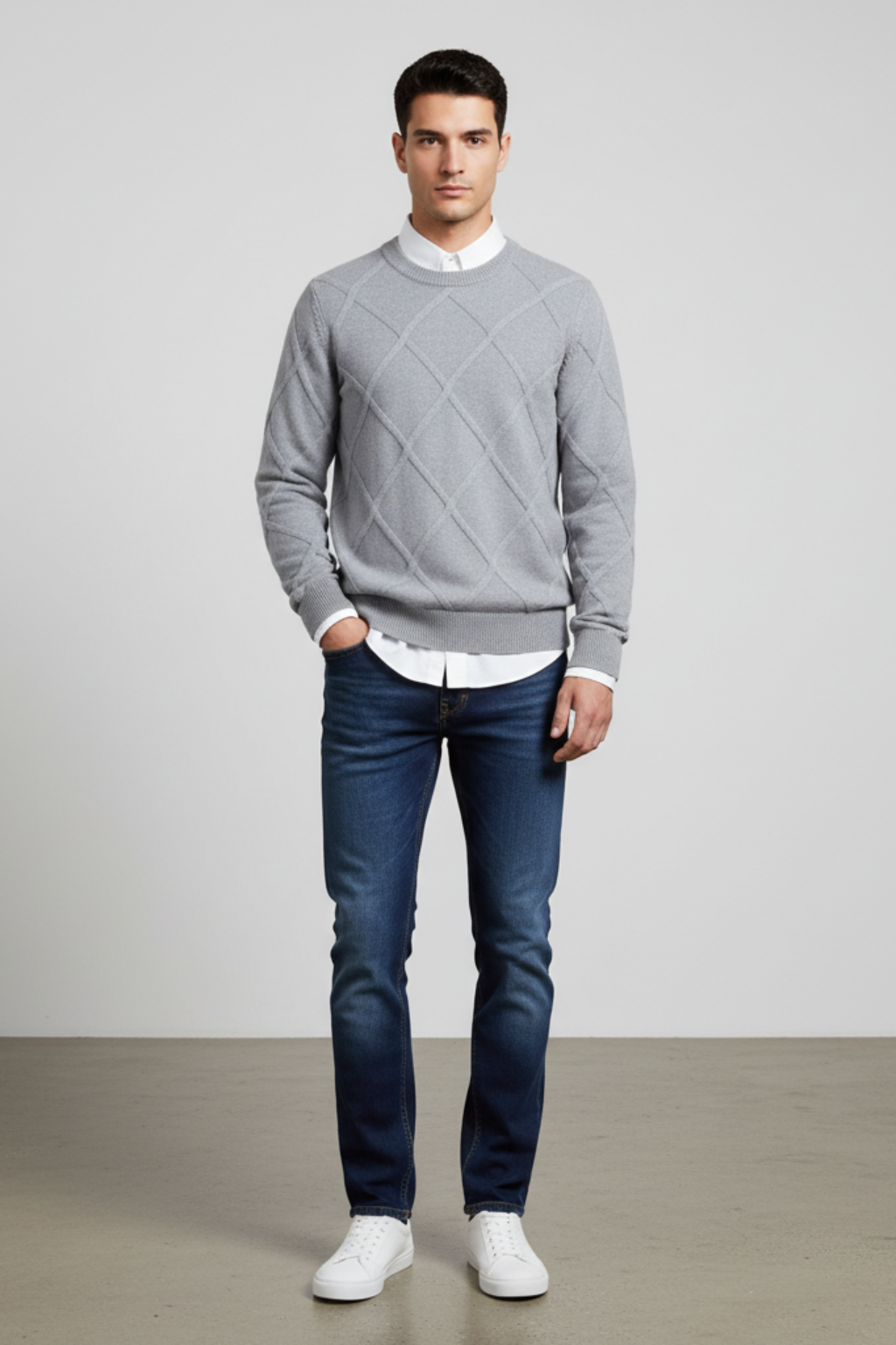 Men’s Wool Blend Diamond Knit Crew Neck Jumper Smart Knitted Sweater