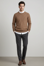 Men’s Wool Blend Diamond Knit Crew Neck Jumper Smart Knitted Sweater